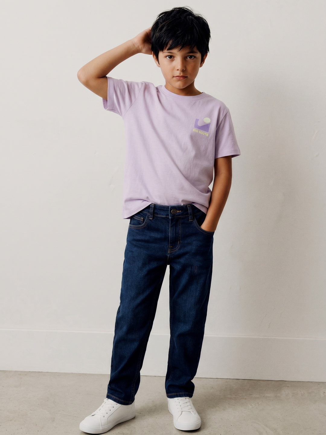 Boys Cotton Purple T-Shirt With Dark Blue Denim Washed Slim Fit Jeans