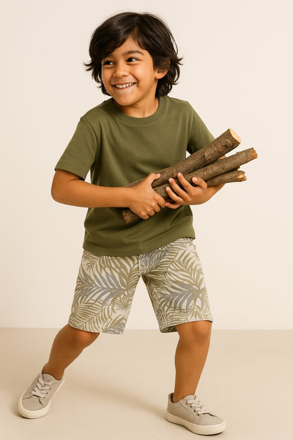 Boys Olive Regular Fit Tropical Print Shorts