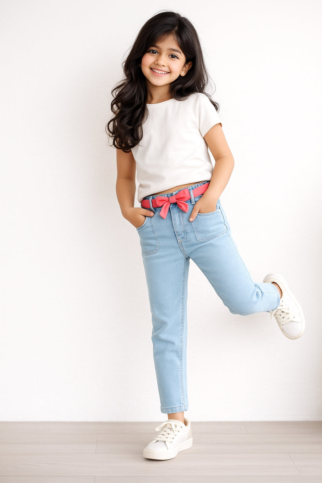 Girls Light Blue Lycra Solid Jeans
