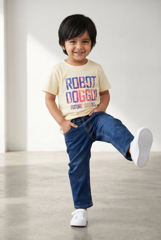Boys Beige T-Shirts and Blue Jeans Clothing Set