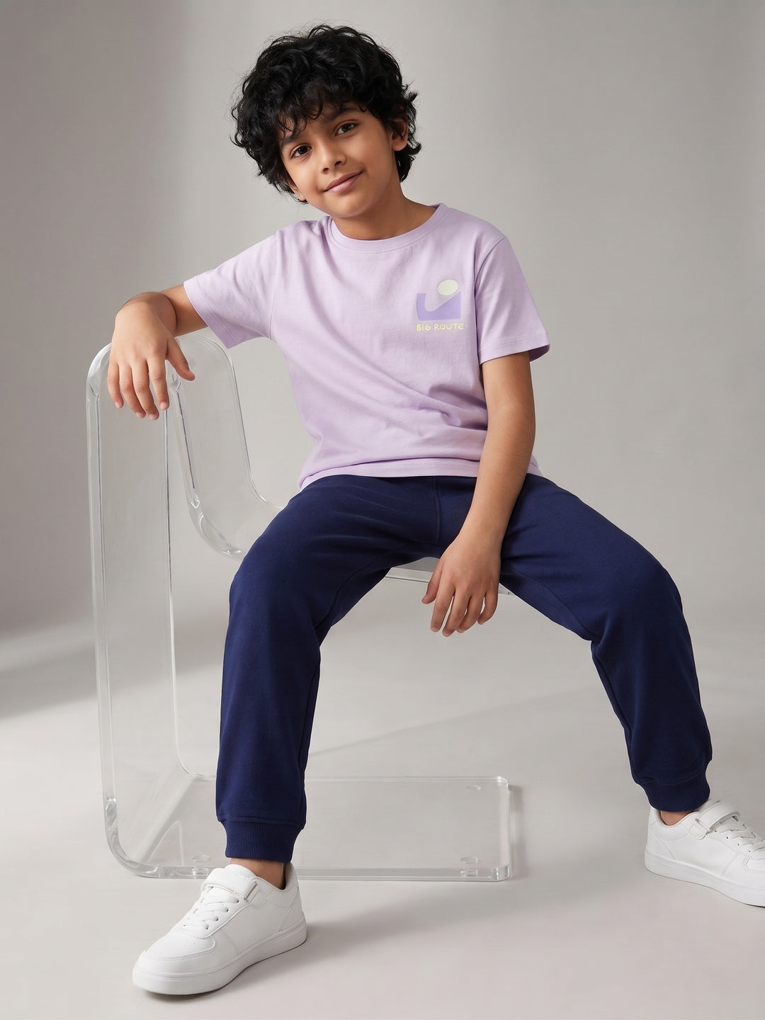 Boys Cotton Purple T-Shirt With Blue Cotton Solid Regular Fit Track Pant
