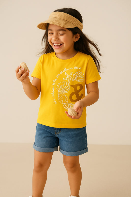 Girls Lycra Dark Yellow Embroidery T-Shirt