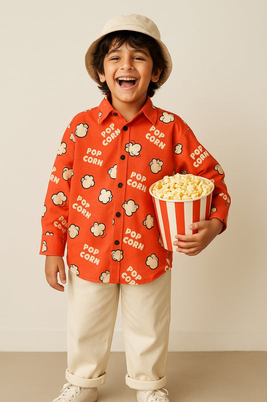 Boys Cotton Red Printed Oversized Shirt