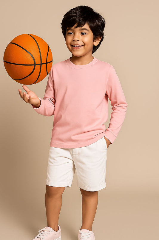 Boys Pink Cotton Solid T-Shirt