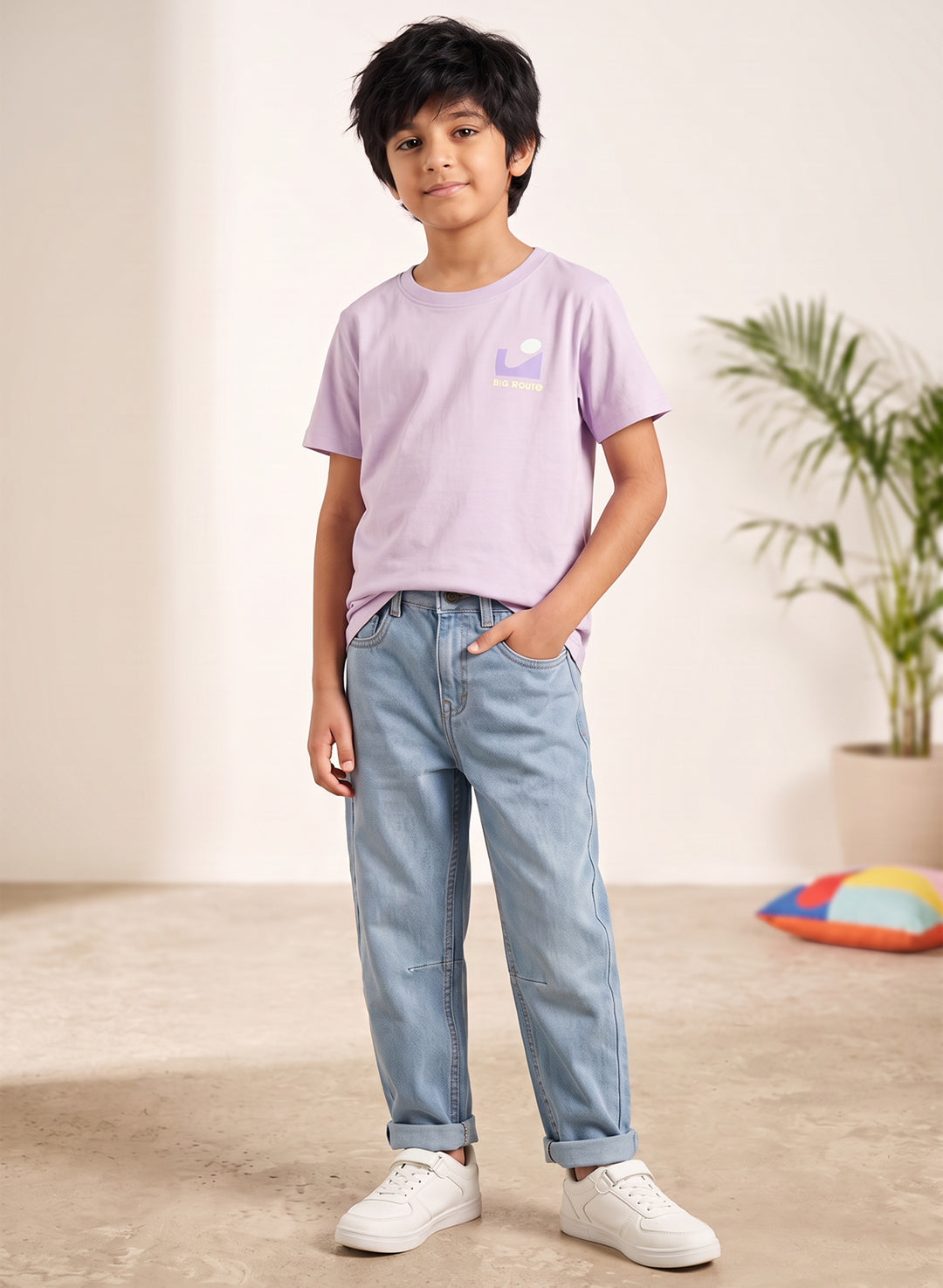 Boys Cotton Purple T-Shirt With Blue Denim Washed Barrel Fit Jeans