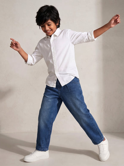Boys Cotton White Shirt With Blue Denim Washed Baggy Fit Jeans