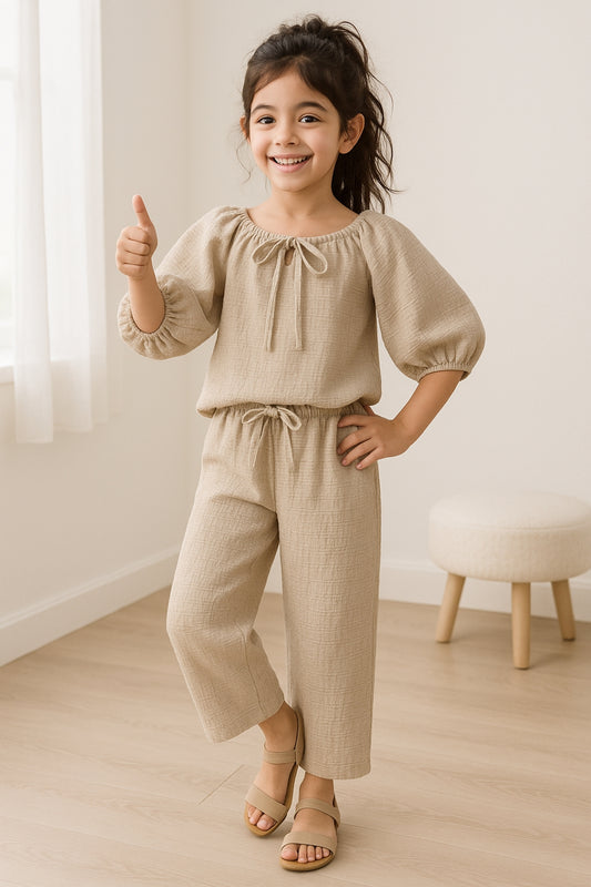 Girls Beige Solid Top & Palazzo Co-ord Set