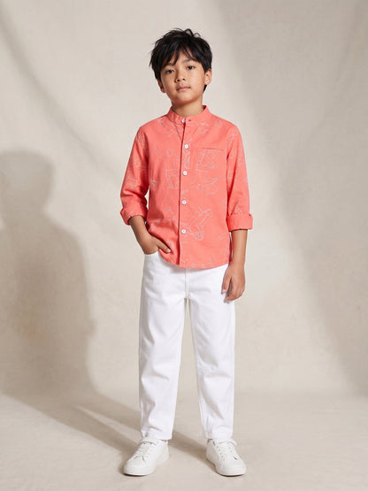 Boys Cotton Orange Shirt With White Denim Washed Barrel Fit Jeans