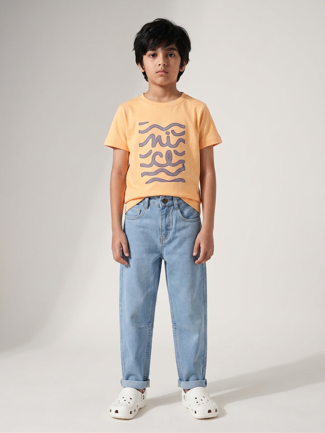 Boys Cotton Rust T-Shirt With Blue Denim Washed Barrel Fit Jeans