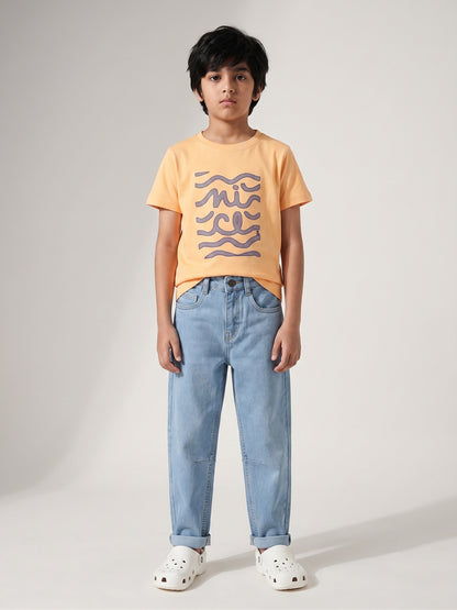 Boys Cotton Rust T-Shirt With Blue Denim Washed Barrel Fit Jeans