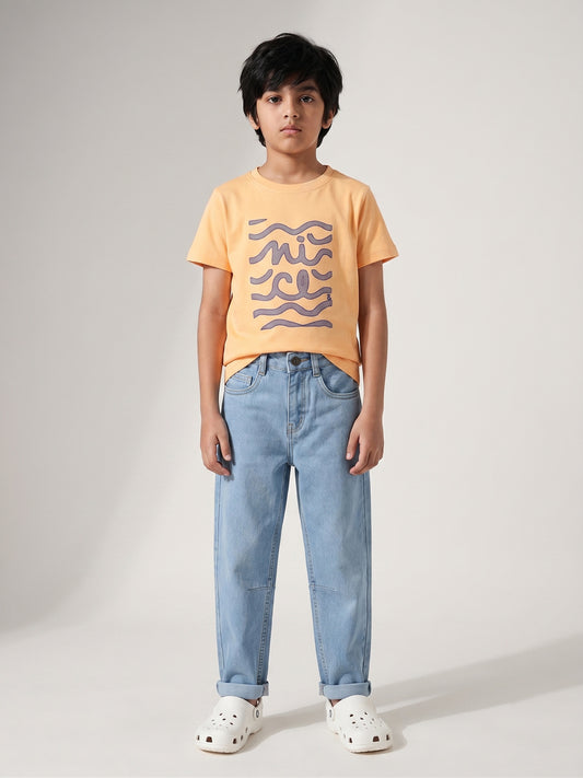 Boys Cotton Rust T-Shirt With Blue Denim Washed Barrel Fit Jeans