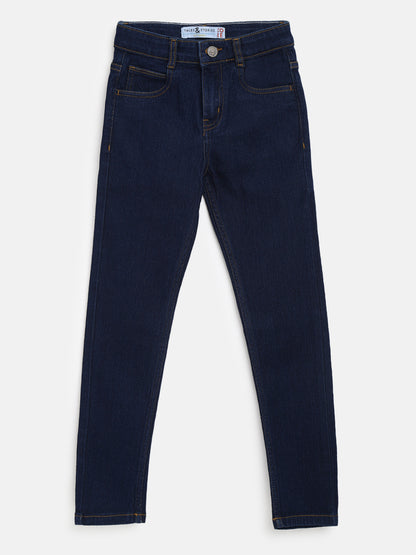 Boys Cotton Purple T-Shirt With Dark Blue Denim Washed Slim Fit Jeans
