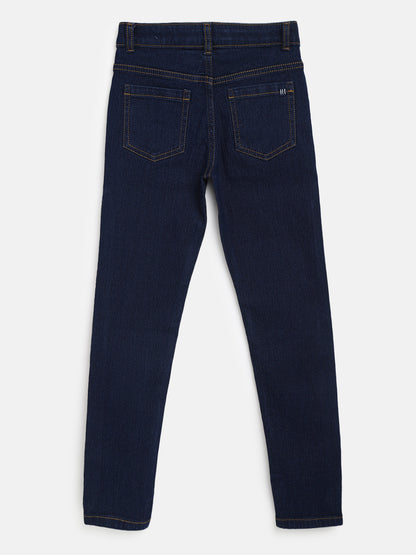 Boys Cotton Printed Black T-Shirt With Dark Blue Denim Washed Slim Fit Jeans