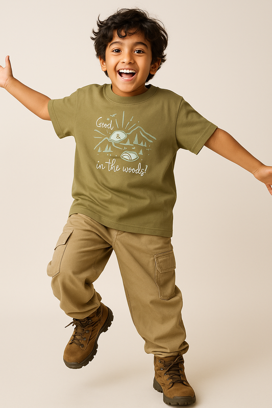 Boys Cotton Dark Olive Printed T-Shirt