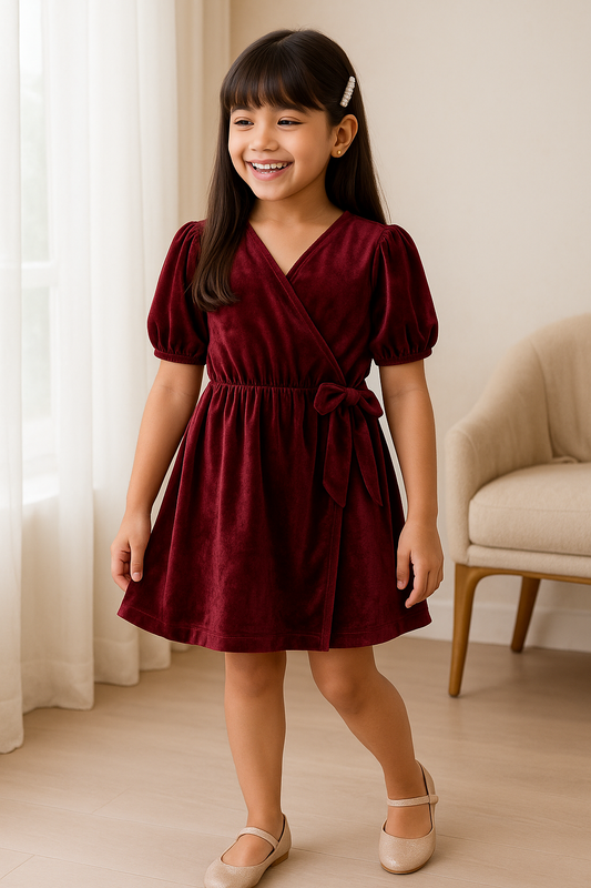 Maroon Elbow Sleeve Flared Fit Solid Velvet Dress
