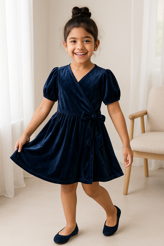Girls Navy Blue Velvet Elbow Sleeve Flared Fit Solid Dress