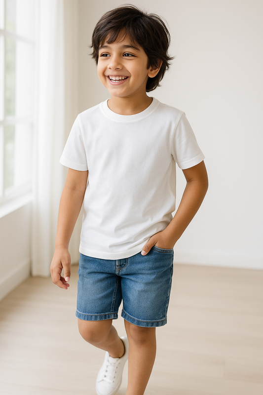 Boys White Solid Cotton T-Shirt