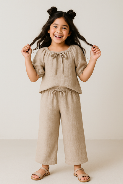 Girls Beige Solid Top & Palazzo Co-ord Set