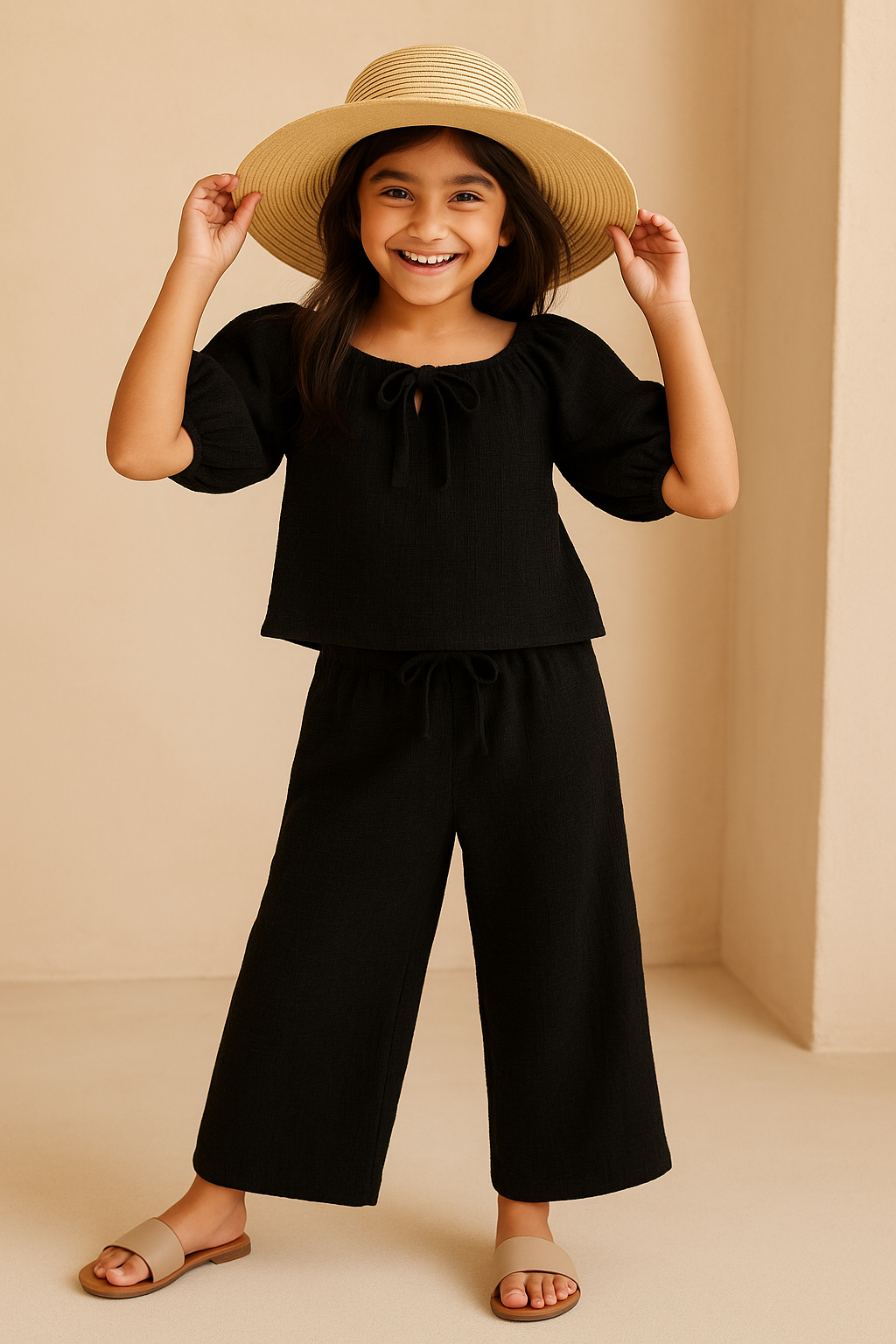 Girls Black Solid Top & Palazzo Co-ord Set