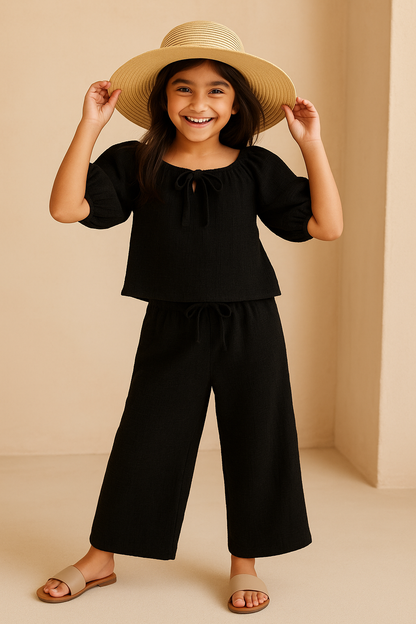 Girls Black Solid Top & Palazzo Co-ord Set