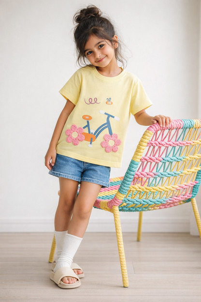 Girls Yellow Printed T-Shirt