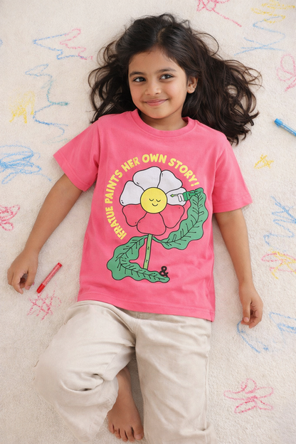Girls Pink Lycra Floral Printed Casual T-Shirt