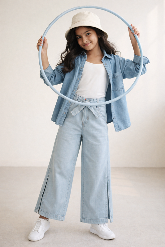 Girls Blue Denim Wide Leg Jeans with Belt