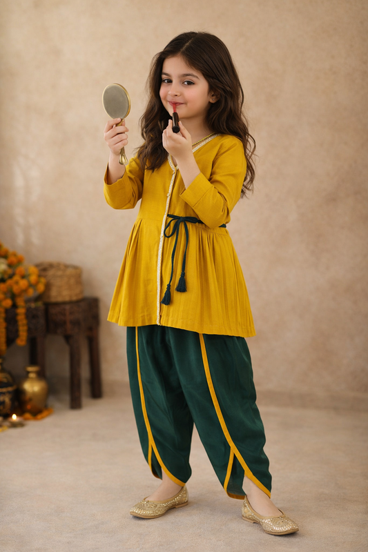 Girls Yellow & Green Ethnic Top & Dhoti Set