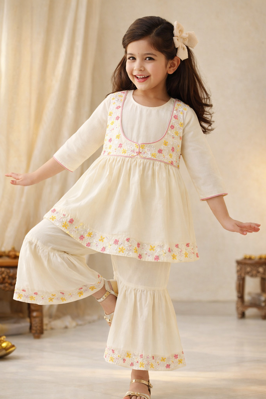 Girls White Embroidered Ethnic Top & Sharara Set