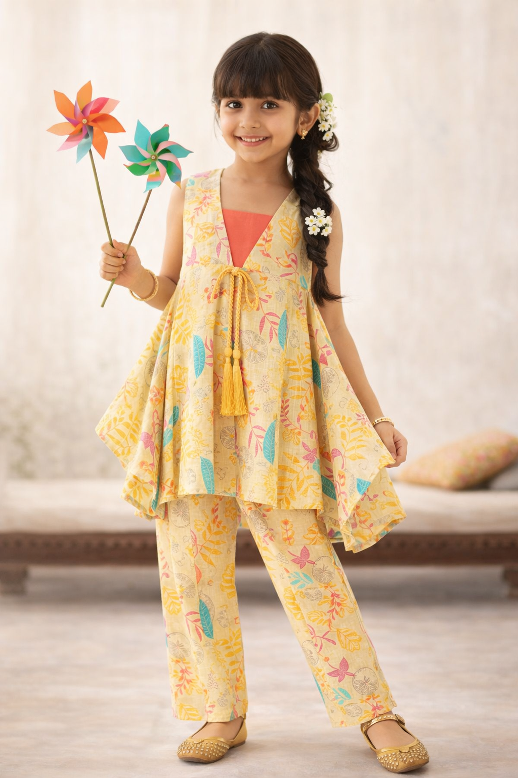 Girls Yellow Printed Ethnic Top & Pants Set