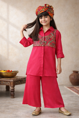 Girls Pink Printed Ethnic Shirt-Jacket & Palazzo Set