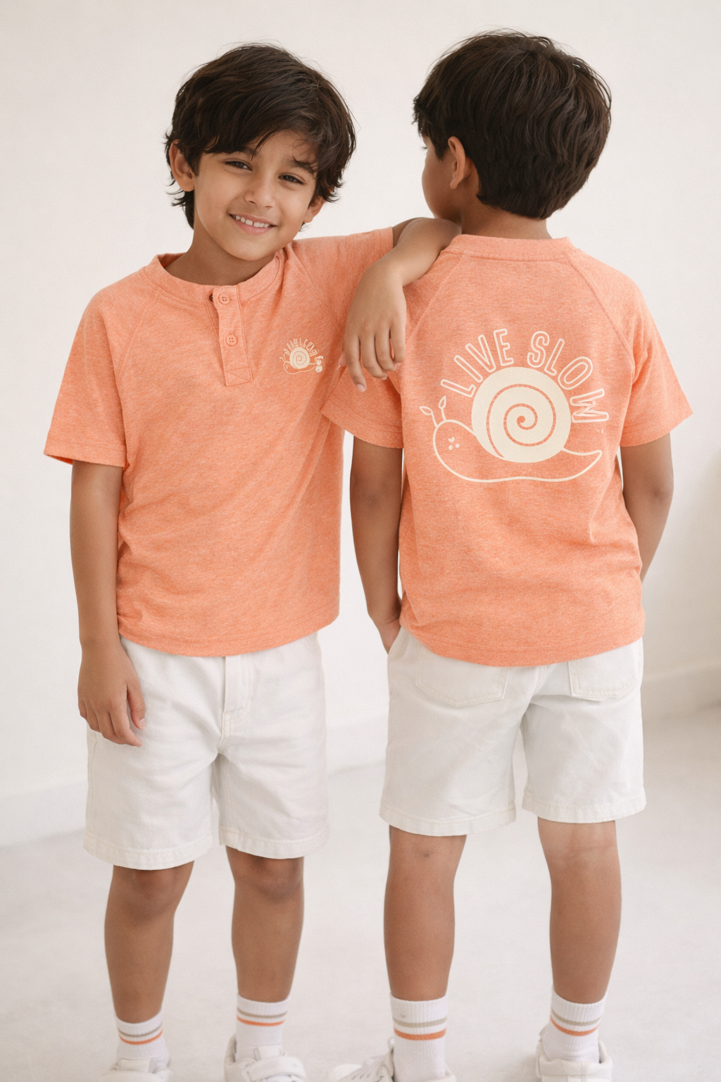 Boys Orange Printed Henley Neck T-Shirt