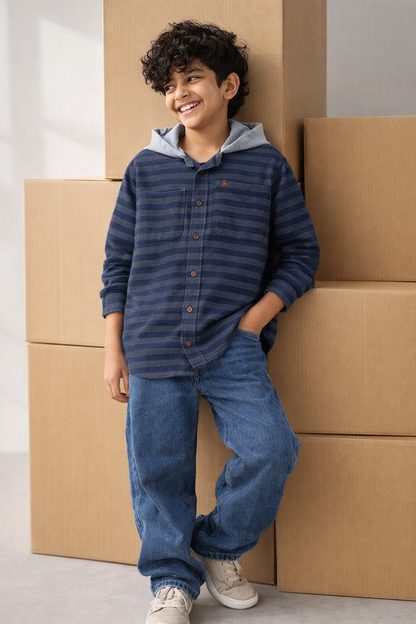 Boys Blue Denim Striped Hooded Shirt