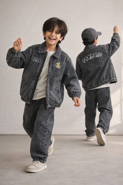 Boys Grey Denim Jacket with Zip Closure