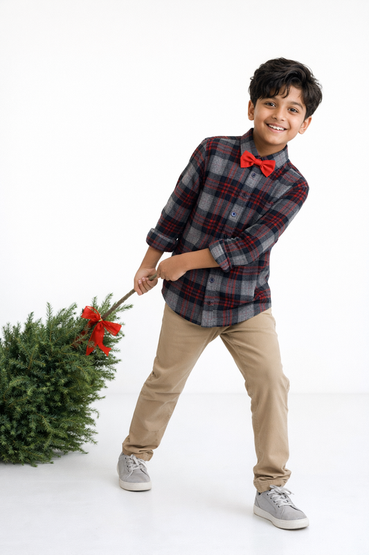 Boys Multicolor Check Flannel Shirt with Bow Tie
