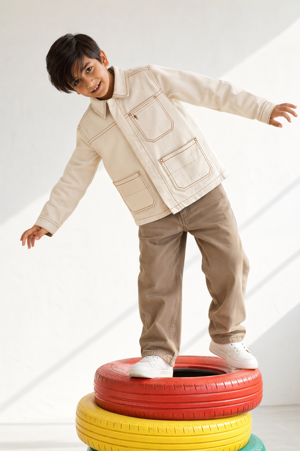 Boys Beige Denim Casual Jacket