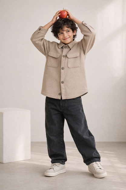 Boys Khaki Linen Casual Shacket