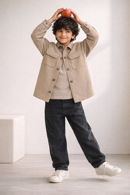 Boys Khaki Linen Casual Shacket