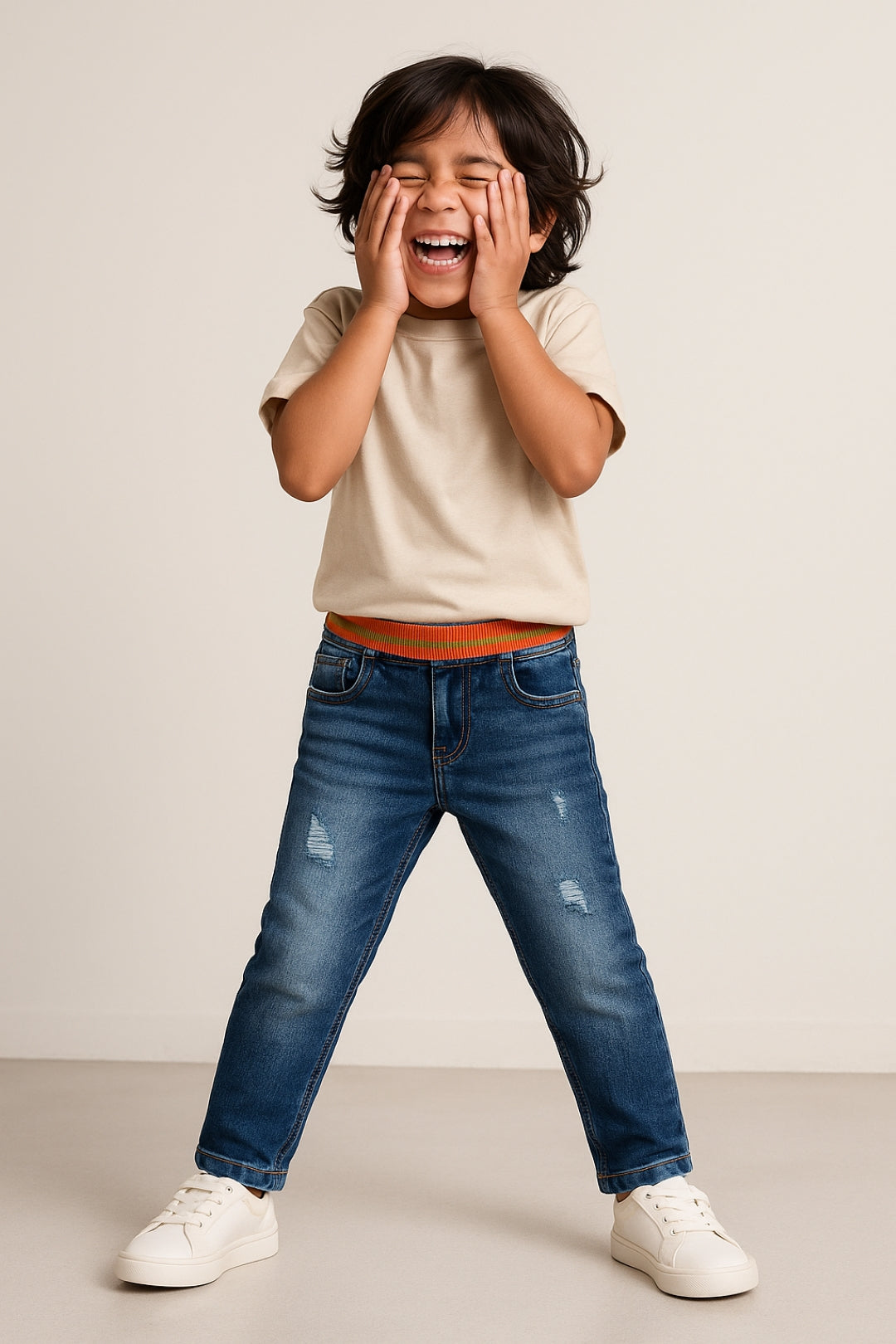 BOYS MID BLUE DENIM CASUAL JOGGERS WITH ORANGE WAISTBAND