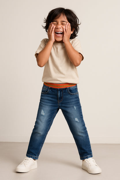 BOYS MID BLUE DENIM CASUAL JOGGERS WITH ORANGE WAISTBAND