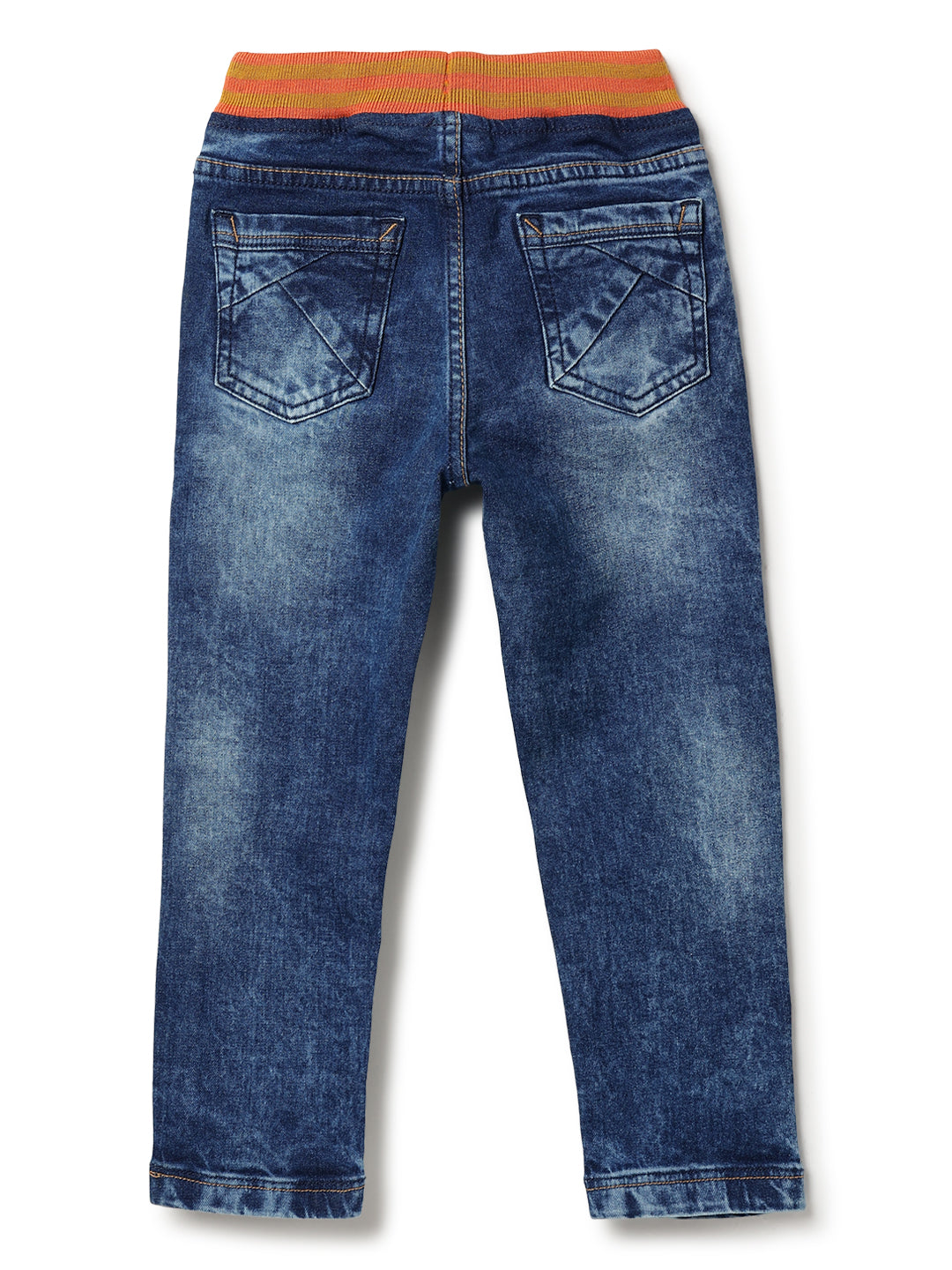 BOYS MID BLUE DENIM CASUAL JOGGERS WITH ORANGE WAISTBAND