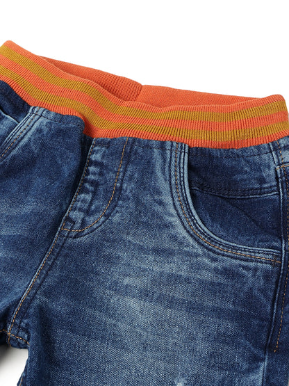 BOYS MID BLUE DENIM CASUAL JOGGERS WITH ORANGE WAISTBAND