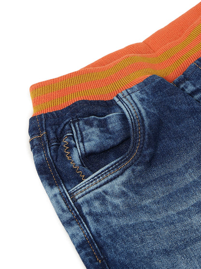 BOYS MID BLUE DENIM CASUAL JOGGERS WITH ORANGE WAISTBAND