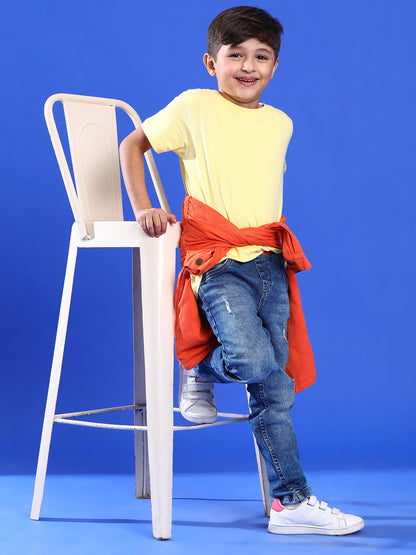 BOYS MID BLUE DENIM CASUAL JOGGERS WITH ORANGE WAISTBAND
