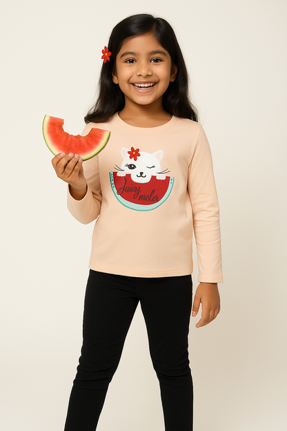 Girls Cotton Peach Printed T-Shirt