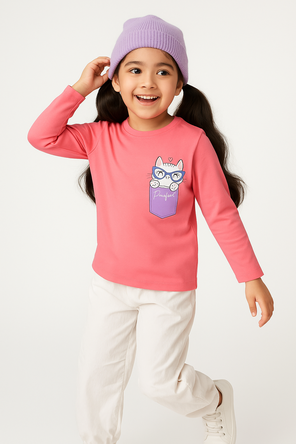 Girls Cotton Dark Pink Printed T-Shirt