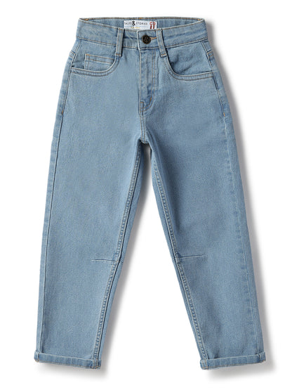 Boys Cotton Purple T-Shirt With Blue Denim Washed Barrel Fit Jeans