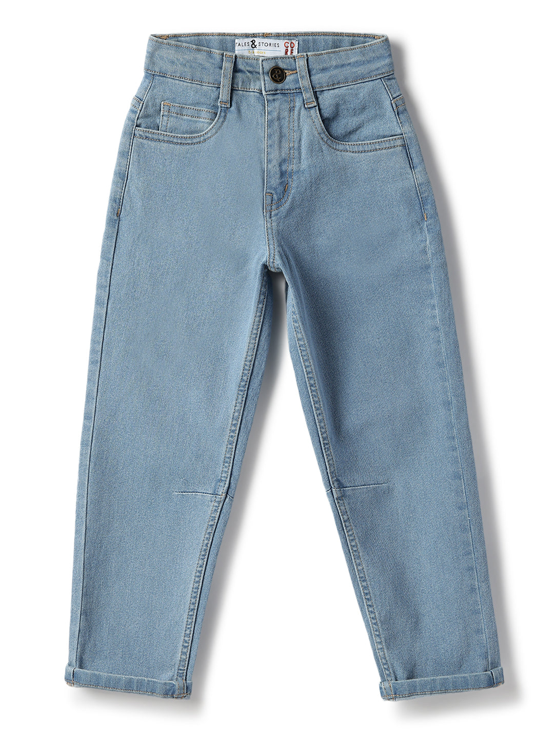 Boys Cotton Rust T-Shirt With Blue Denim Washed Barrel Fit Jeans