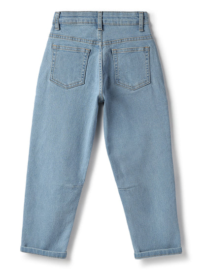 Boys Cotton Cream Shirt With Blue Denim Washed Barrel Fit Jeans