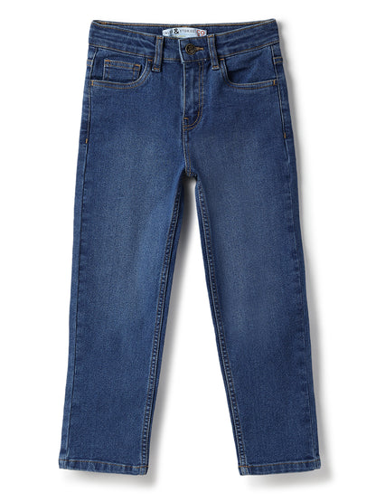 Boys Cotton Cream Shirt With Blue Denim Washed Straight Fit Jeans